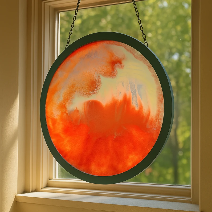 Aftershock — AI-generated installation scene of a framed circular artwork in warm sunlight
