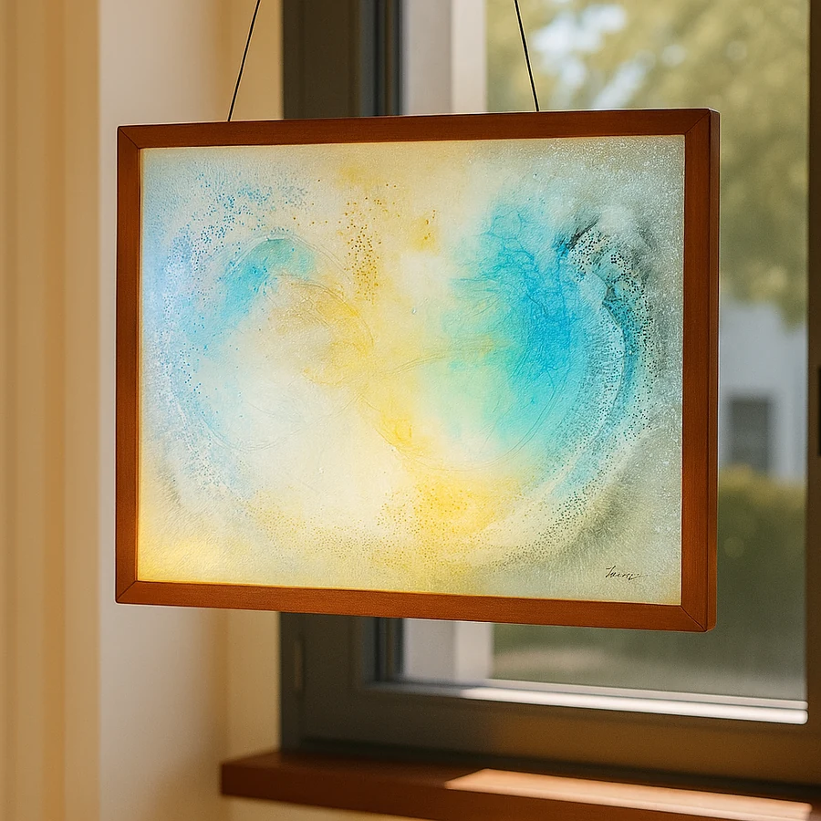 Binary Ignition — AI-generated installation scene of a framed rectangular artwork hanging in a sunlit window