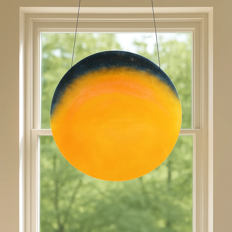 Gravastar Horizon — AI-generated installation scene of a circular artwork hanging in a window with green foliage beyond