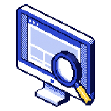 a monitor showing a web page, with a magnifying glass