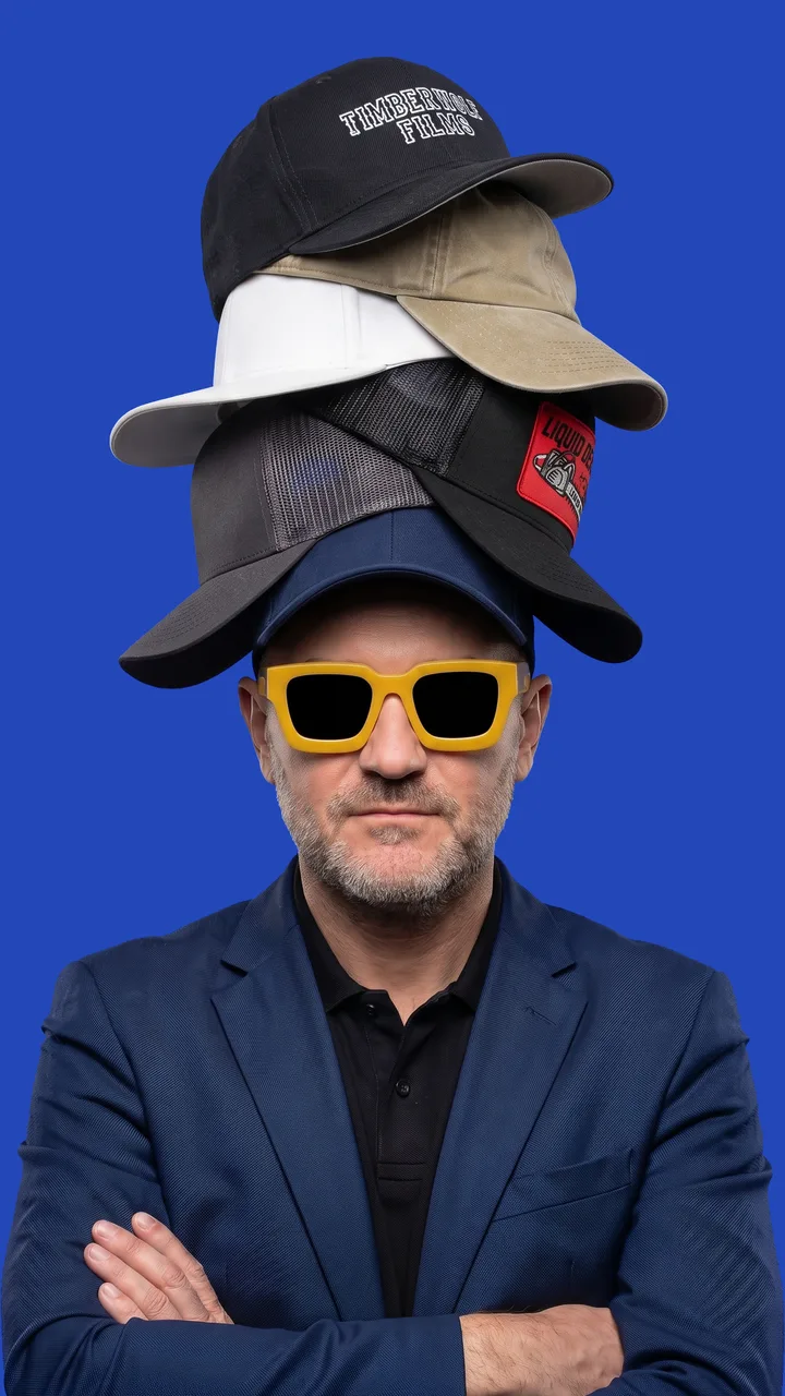 William Smith, founder of Daring Strategy, wearing a tall stack of caps and the brand's yellow glasses — a nod to wearing every hat in a small business