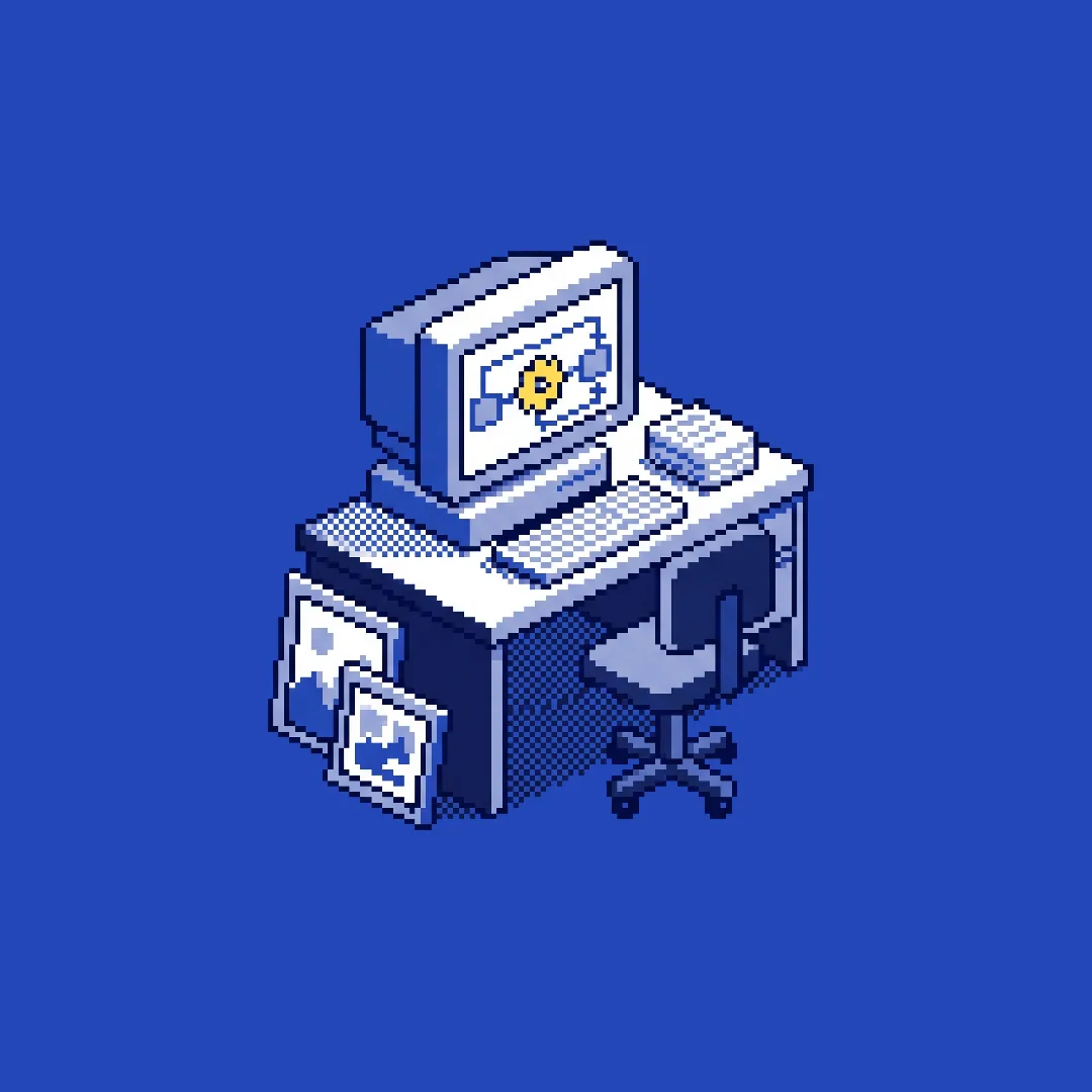 Pixel-art — a small gallery desk running an automated content pipeline