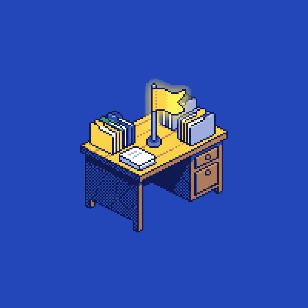 Pixel-art — a tidy desk of filed checkpoints with a banana flag