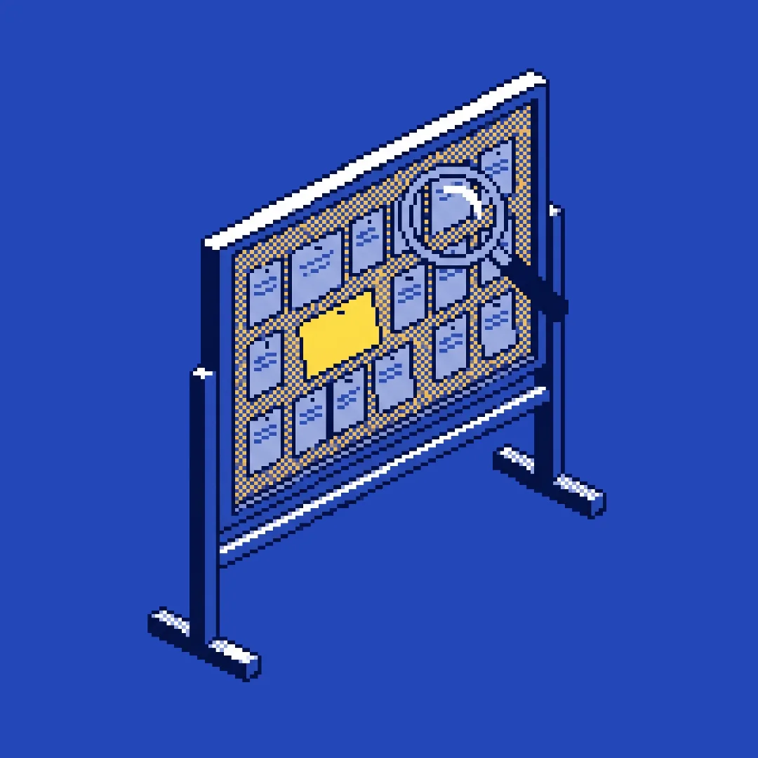 Pixel-art — a pinboard of job-ad notices under a magnifying glass