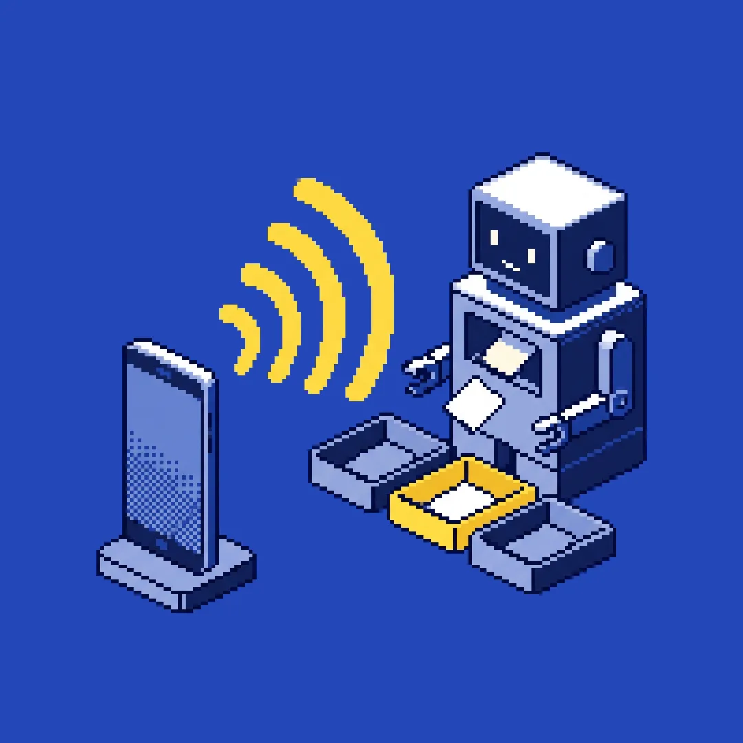 Pixel-art — a phone beams a voice note to a robot that sorts note cards