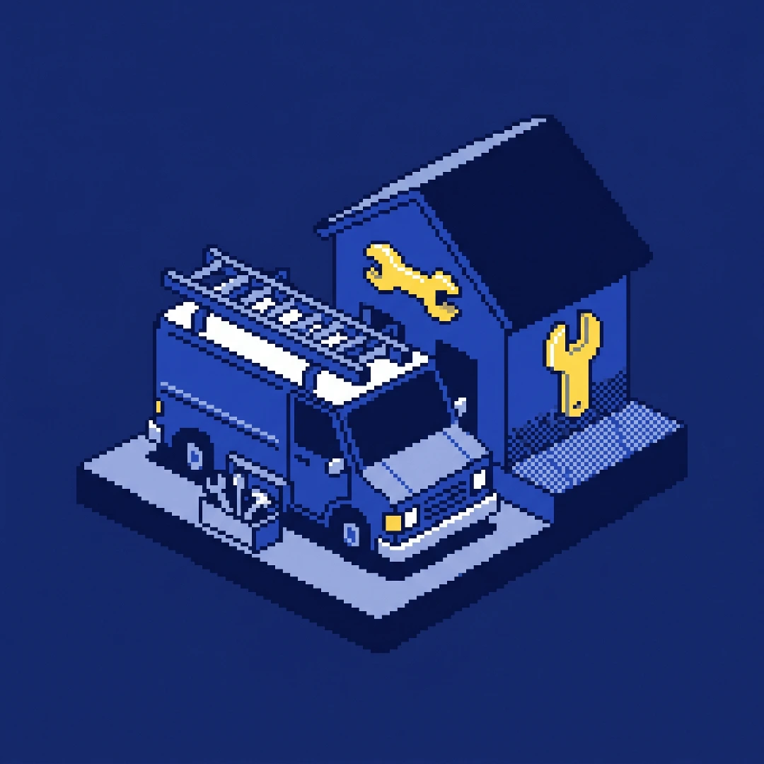 Pixel-art of a home-services van and phone