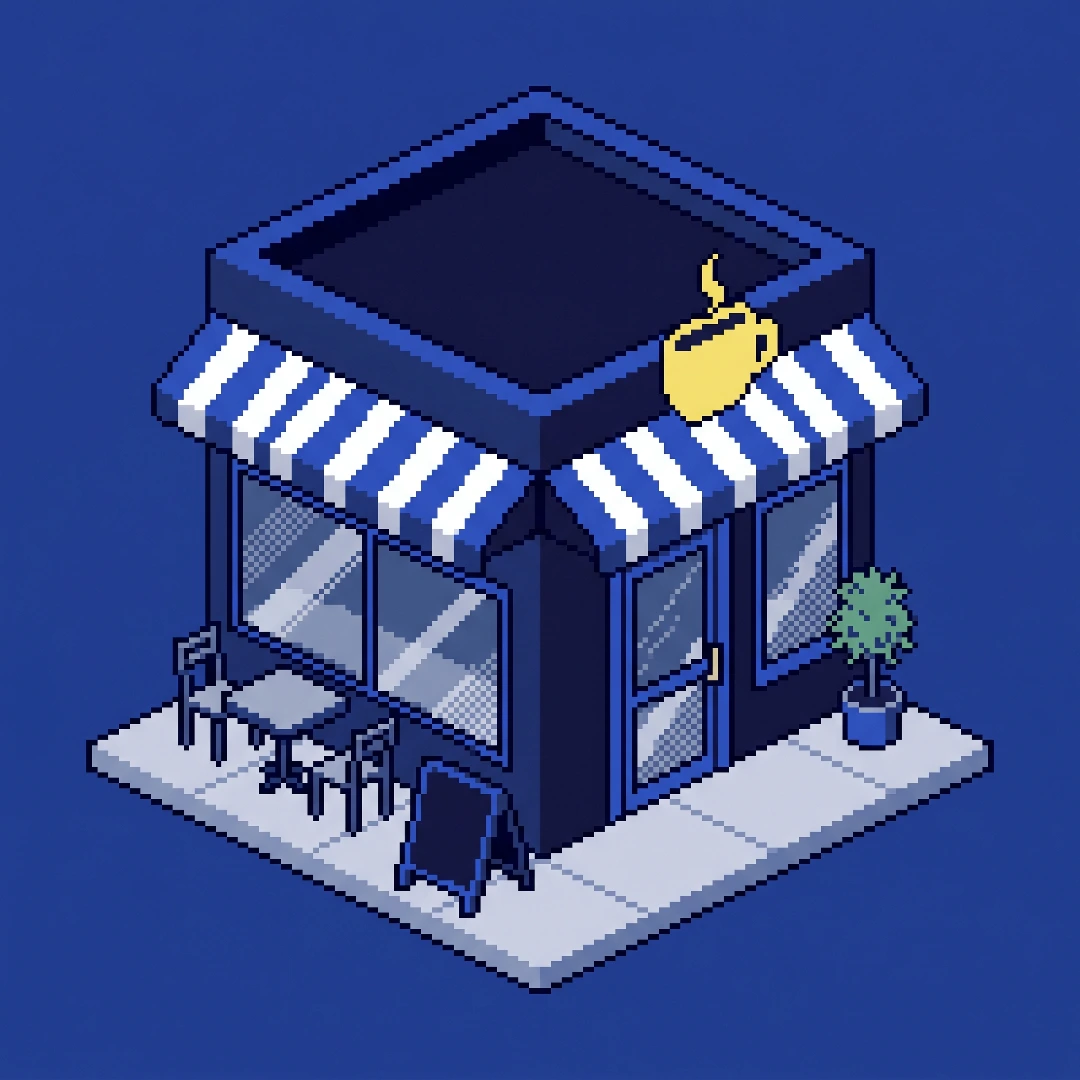 Pixel-art of a corner café