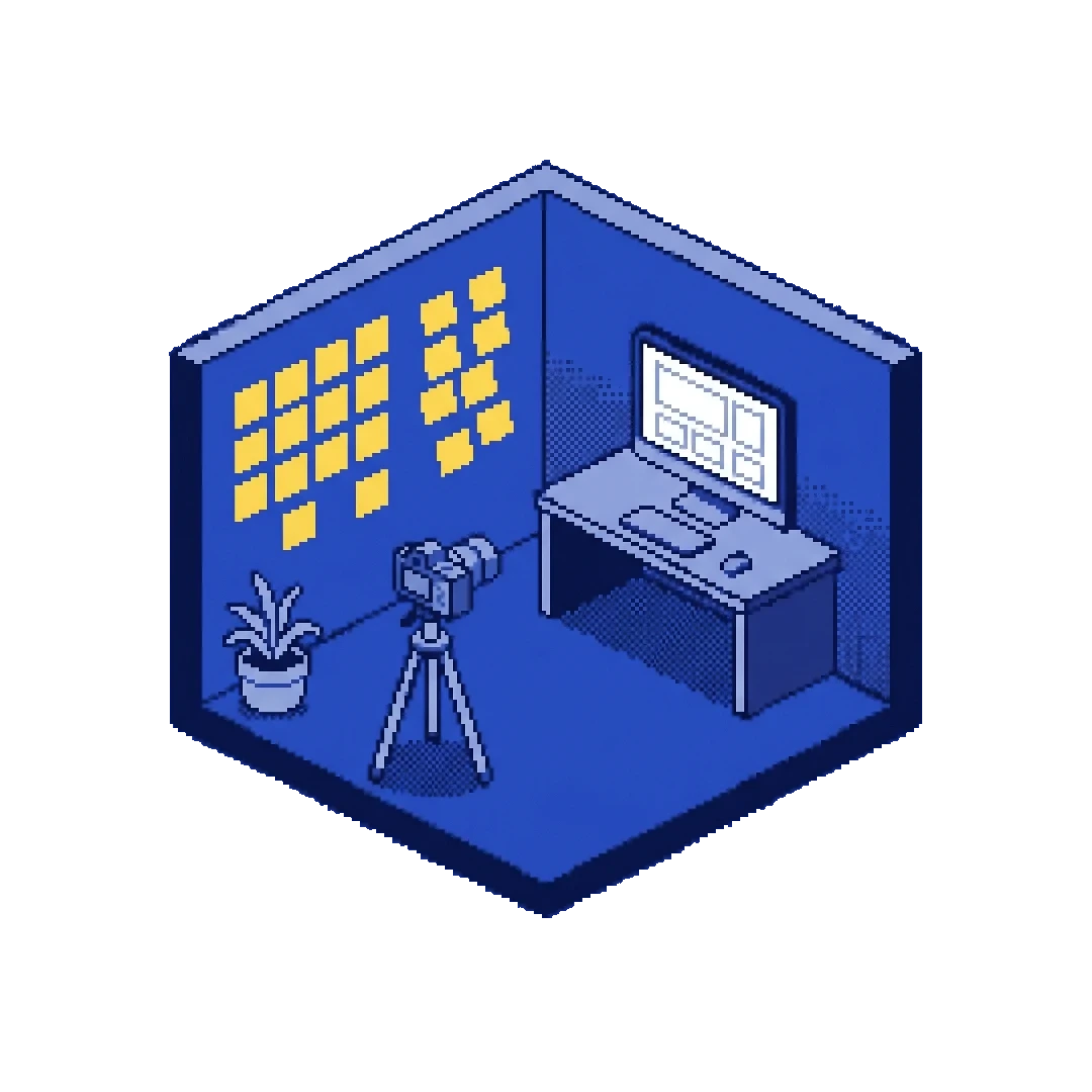 Isometric pixel-art illustration of a marketing studio — a wall of sticky notes, a camera on a tripod, and a monitor showing a layout