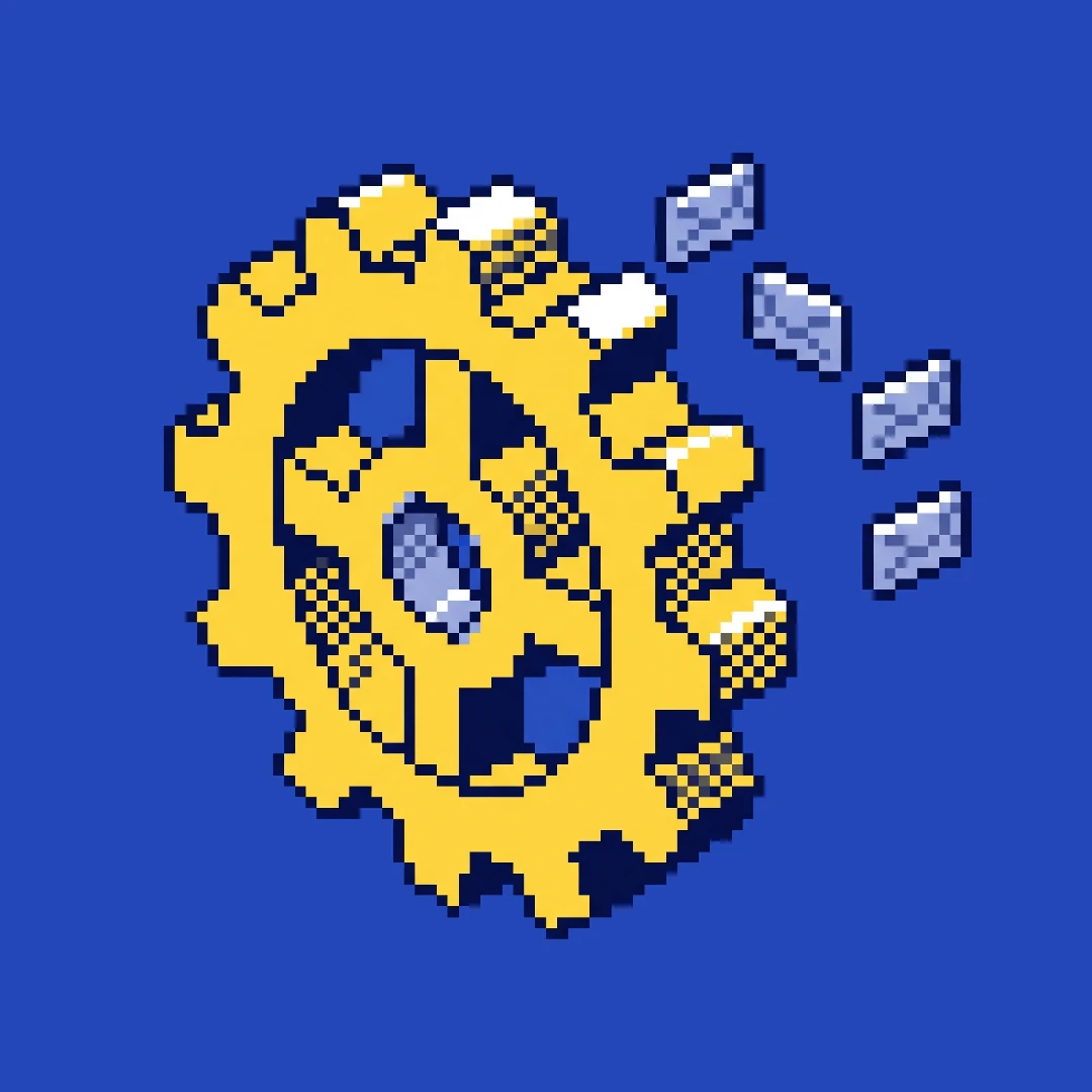 Pixel-art of a banana clockwork gear with envelopes floating out
