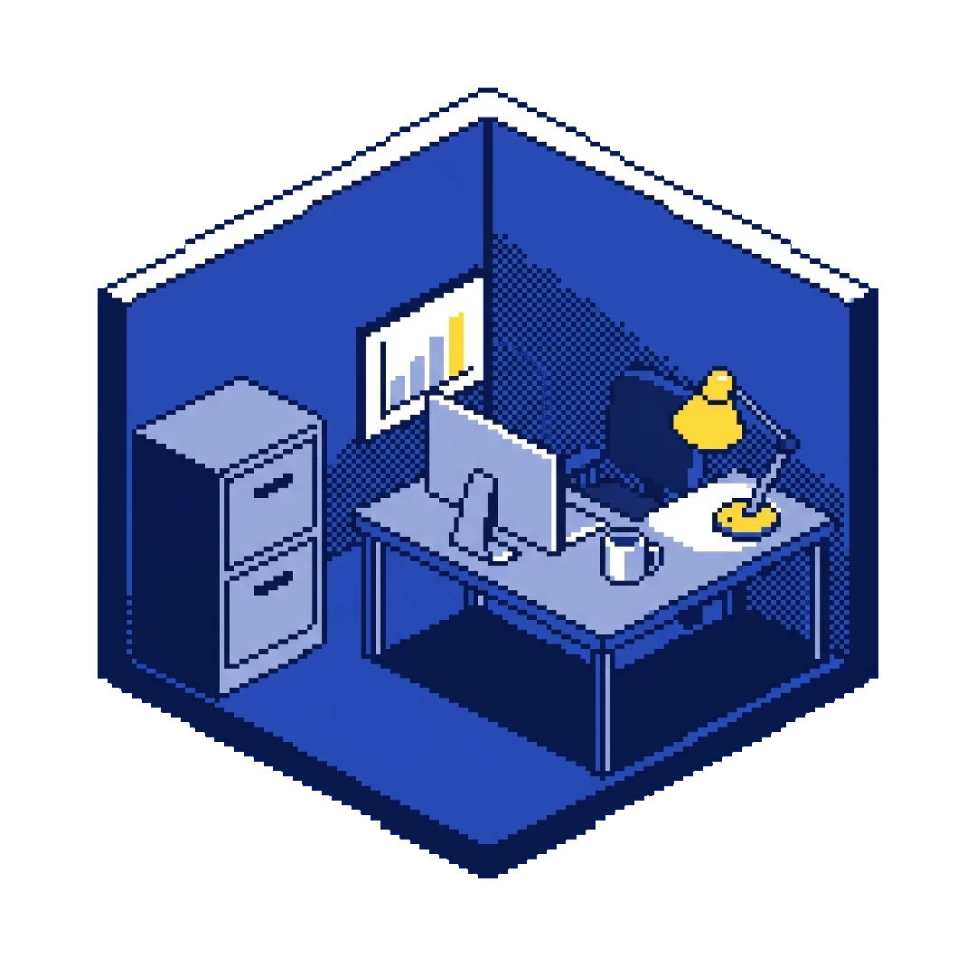 Isometric pixel-art illustration of a professional services office — a desk with a monitor and lamp, a filing cabinet, and a bar chart on the wall