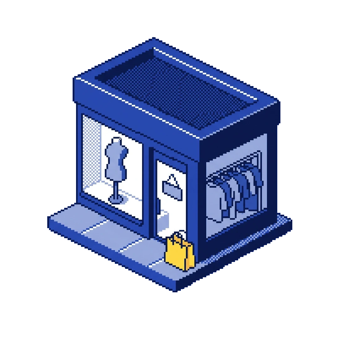 Isometric pixel-art illustration of a retail boutique — a storefront with a window mannequin, a clothing rack, and a shopping bag