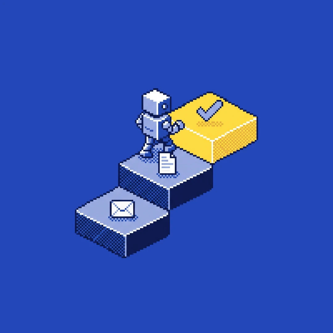 Pixel-art robot climbing a floating staircase