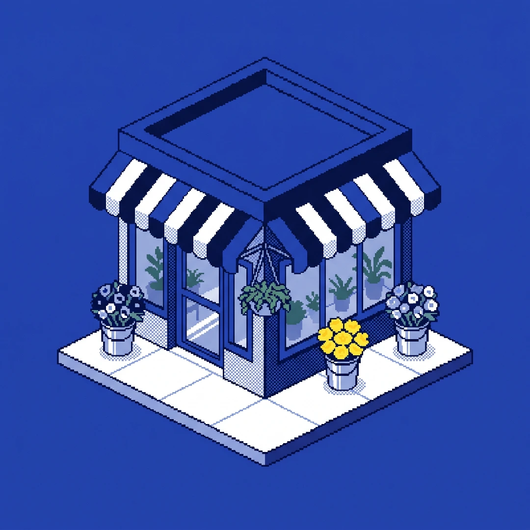 Pixel-art of a small storefront with a five-star review sign
