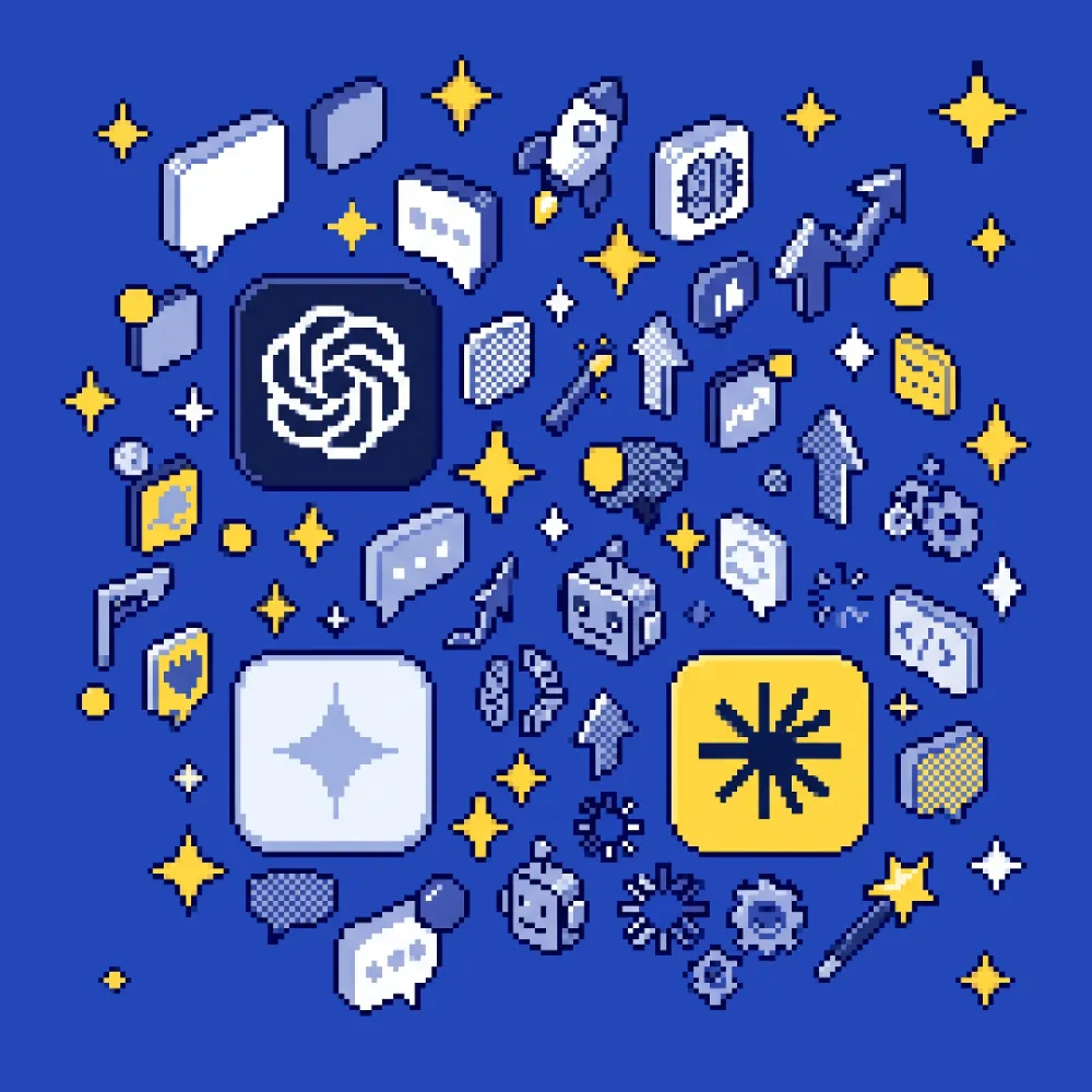 Pixel-art cluster of AI tool icons