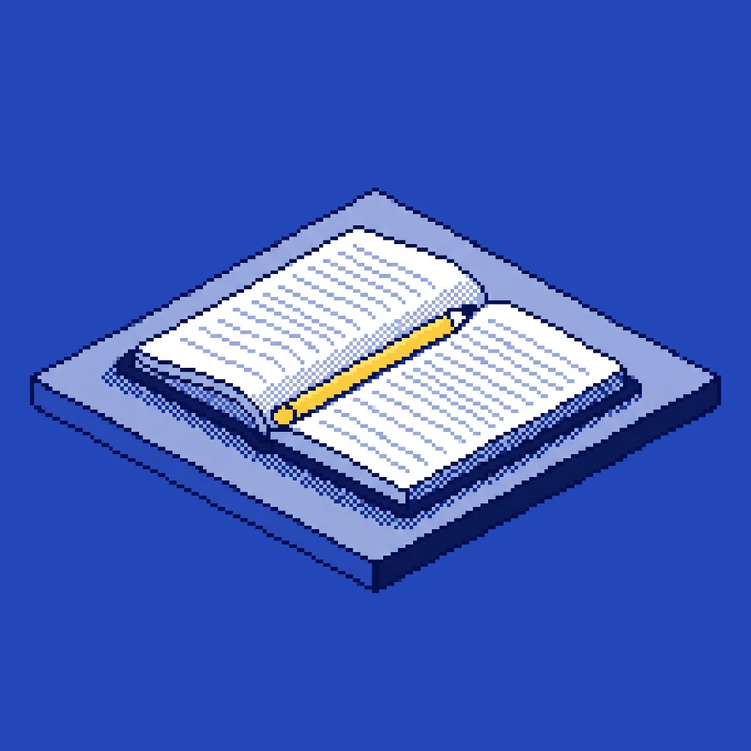 Pixel-art — an open notebook with a banana pencil